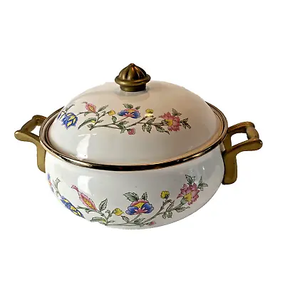 VINTAGE French Brass & Enamel Pan 2.5-Quart 10.25” WITH LID Stockpot Flowers • $19.99