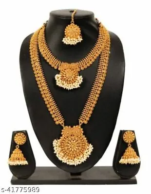 Ethnic Indian Jewelry Set Gold Plated Bridal Pearl Necklace Earrings Mang Tika • $27.26