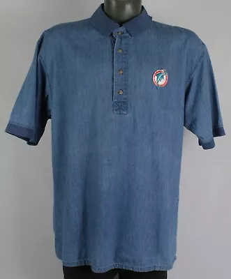 Vintage 90s Miami Dolphins 1/2 Button Chambray Denim Polo Shirt L Marino • $29.99