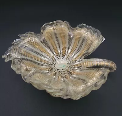 Vintage Murano Gold Leaf Art Glass Bowl Ashtray Leaf Shape With Label • $95