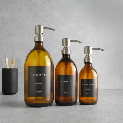 £8.99 • Buy Amber Glass Labelled Bottle With Silver Dispenser Pump For Soap/Shower/Shampoo