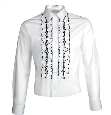 New Men's White Black Ruffled Ruffles Tuxedo Shirt Spread Collar Slim Fit Fitted • $65.95