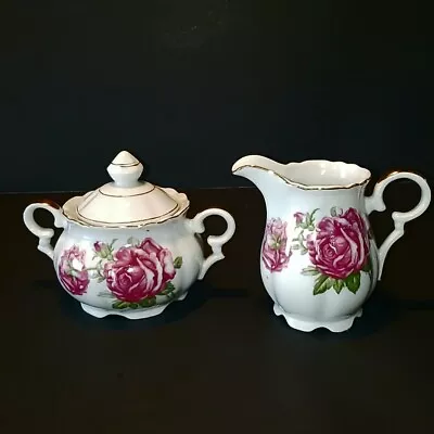 Ucagco Mini Creamer & Lidded Sugar Bowl  Pink  Roses Porcelain Gold Gild • $10