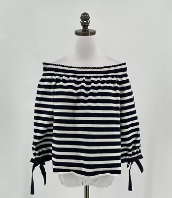 J Crew Women's Blue Striped Nautical Off Shoulder Knit Top 3/4 Sleeve Bow Sz L • $16.15