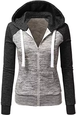 Newbestyle Hoodies For Women Color Block Hooded Sweatshirt Basic Zip-Up Jersey J • £50.73