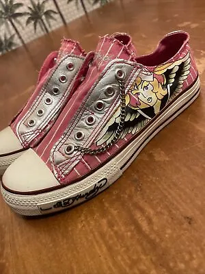 Vtg DON ED HARDY Sneakers Slip On PINK Sailor Girl Angel Logo Chains Womens Sz 7 • £50.12