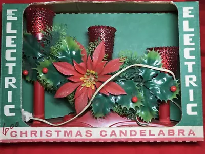 Christmas Candelabra 3 Plastic Greens Poinsettia Vintage Electric Beacon - Works • $24.88