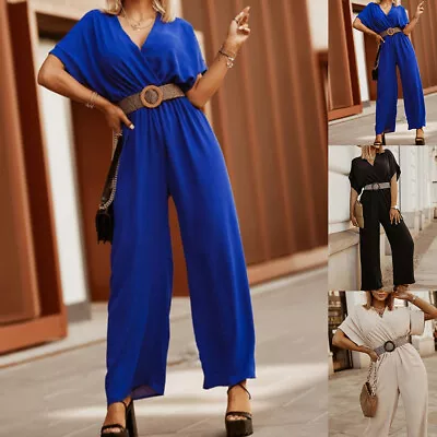 Womens V Neck Classic Casual Jumpsuit Overall Bib Belt Wide Leg Pants Palazzo 12 • £4.99