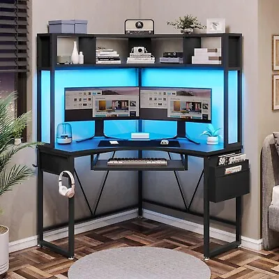 Triangle Corner Computer Desk With Keyboard Tray Home Office Desk W/ LED Lights • $139.97