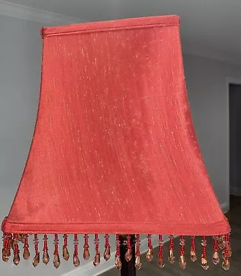 Vintage Beaded Fringe Rusty Red & Gold Fabric Square Lamp Shade Boho 10” • $38