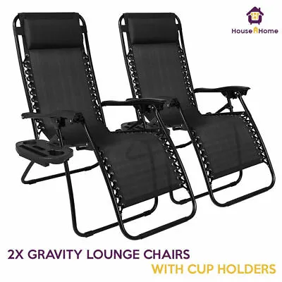£89.45 • Buy 2 X Reclining Sun Lounger Outdoor Garden Folding Zero Gravity Chair W/holder