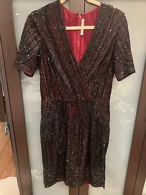 NAEEM KHAN All Over Sequin Dress WOMEN'S Size 8 Silk Lining Ruby And Black • $249