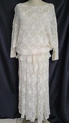 Vintage 80s Boho Crochet 2 Pc Dress Top & Skirt By Int Apparel Mart Size L • $65