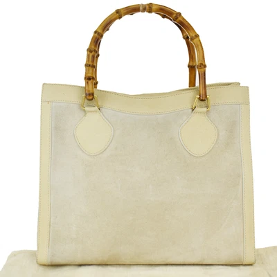 $219.64 • Buy GUCCI Logo Bamboo Hand Tote Bag Suede Skin Leather Ivory Made In Italy 09SD547