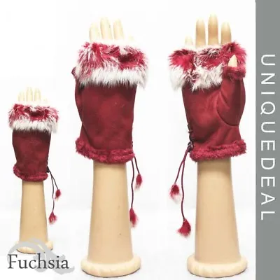 Fashion Winter Soft Rabbit Fur Trim Fingerless Half Cuff Off Glove/ Burgundy • $10.95