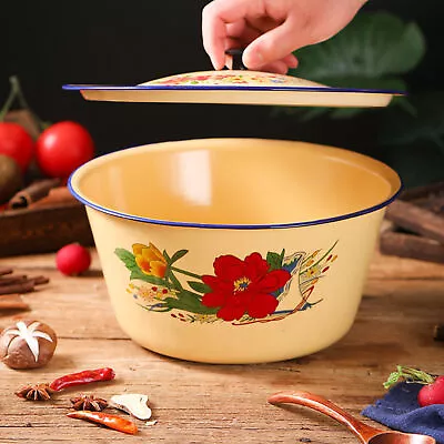 Vintage Enamel Bowls Enamelware Basin With Lid Soup Salad Serving Pot Mixing  • £12.59