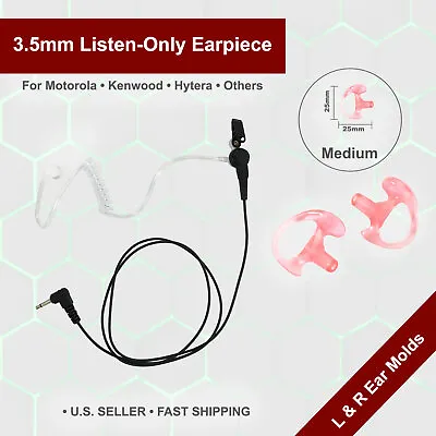 3.5mm Acoustic Tube Listen-Only Earpiece W/ Ear Molds For Speaker Microphones • $13.99