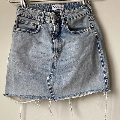 ZARA Blue Denim Mini Skirt Raw Hem Deconstructed High Waist Women XS EUC Jean • $19.99