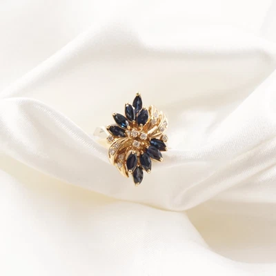 14K Yellow Gold Natural White Diamond & Blue Sapphire Floral Cluster Ring Size 6 • $752.83