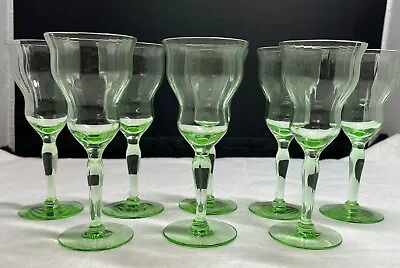 Vtg Elegant Uranium Green Stemware Cordial Fine Rib Optic 8 Pc Curvy Unk Maker • $150
