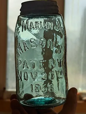 ***AWESOME*** Quart Marion 1858 Mason Fruit Jar W/Original Stamped Lid • $125