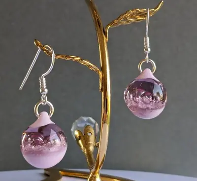 Earrings Dangle Drops Glossy  Pink Glass For Wedding Handmade • £28.49