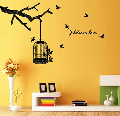 Bird Cage Tree I Believe Love Bedroom Wall Stickers Decal Vinyl Decor UK SH275 • £28.07