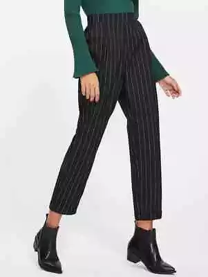 £9 • Buy Black Cuffed Leg Pinstripe Peg Trousers - SHEIN - Size S/M
