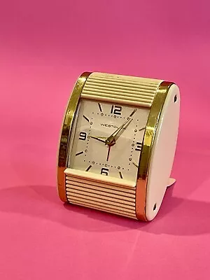 Vintage WESTCLOX Travel Alarm Clock Art Deco Ivory Gold Rolltop General Time HK • $22