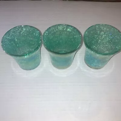 Lot Of 3 Art Glass Blown Crackle Glass Votive Candle Holder Green 3 Tall • $15