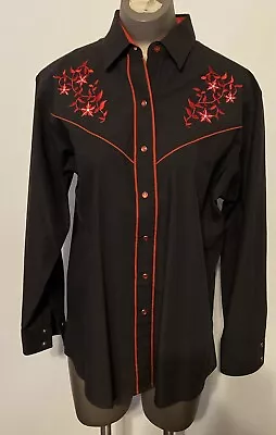 Vintage Ely Country Charmers Western Shirt L Large Black Red Pearl Snap Floral • $21.99