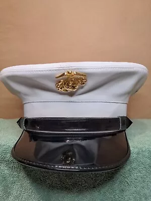 USMC Dress Blues Marine White Vinyl Hat Military Authentic Officer Size 6 7/8. • $169