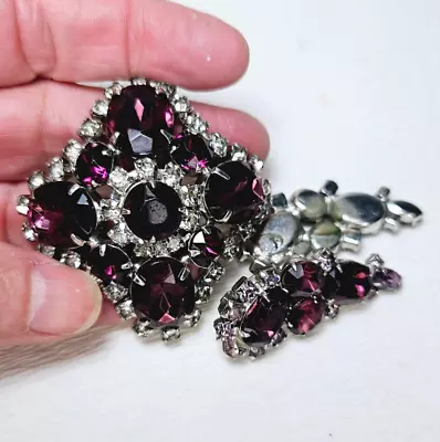 Vintage Maltese Cross Brooch Earrings Dark Purple Rhinestone READ Description • $22