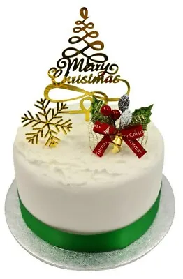 3 Piece SET GREEN HOLLY Merry Christmas Cake Decorations Log Cupcake Toppers  • £3.79