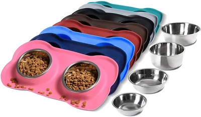 $45.69 • Buy Pet Dog Bowls 2 Stainless Steel Dog Bowl With No Spill Non-Skid Silicone Mat