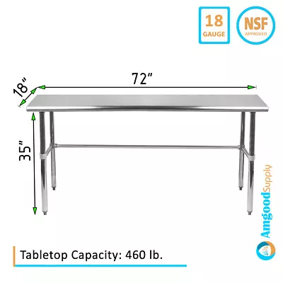 18  X 72  Stainless Steel Open Base Table | NSF Prep Metal Work Table || • $294.95