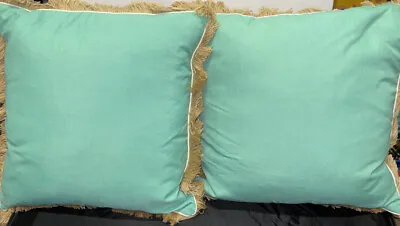 THRO By Marlo Lorenz Light Aqua/Sand Colored Fringe Throw Pillow 19” Square ONE • $37.77