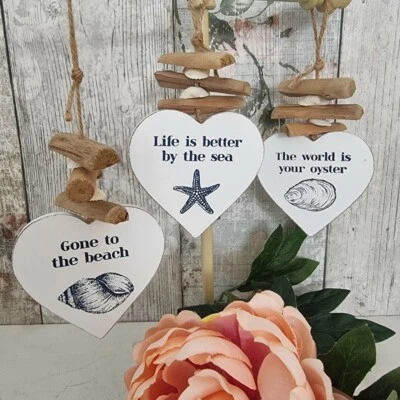 £6.50 • Buy Coastal Nautical Beach Driftwood Heart Sign / Plaque - Various Sayings, Shells