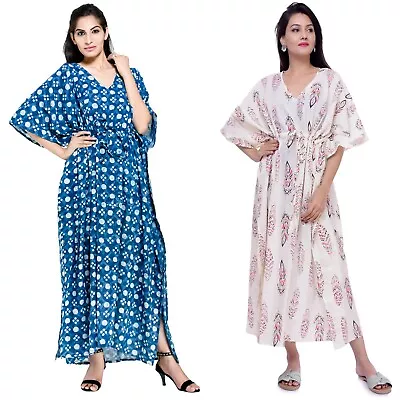 2 PC Indian Cotton Kimono Kaftans Summer Dress Night Gown Maxi Caftan Dress • $64.89