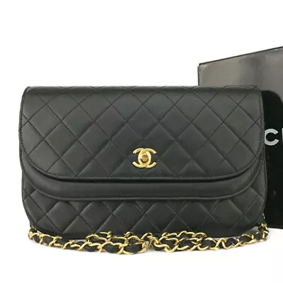 Vintage CHANEL Quilted Double Flap CC Logo Lambskin Shoulder Bag Black/4W1954 • $1