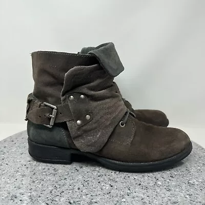 Miz Mooz Boots Womens 9 Leather Suede Brown Ankle Booties Buckle Combat Boot 40 • $46.55