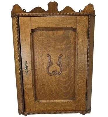 FINE Antique Solid TIGER OAK Hanging Wall CORNER CABINET Cupboard By Larkin • $399.99