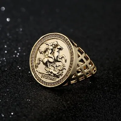 Gold 18K GF St George Sovereign Ring CZ Large Signet Adjustable Gift Men Filled • £24.99