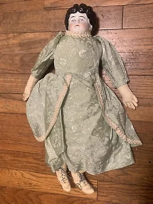 Antique 19  German Lowbrow China Head Doll Muslin Body Leather Hands • $128