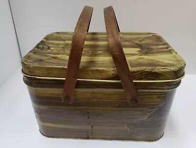 Vintage Brown Faux Wood Grain Metal Picnic Basket Box With Wood Handles Rustic • $29.99