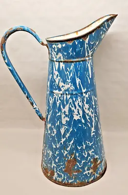 Antique Jug To Water Or Other Enamelled Blue Mottled White Vintage Decoration • $72.16