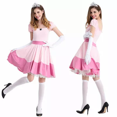 Women Super Mario Peach Princess Cosplay Costumes Halloween Party Fancy Dress ♛ • $38.89