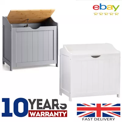 Large Laundry Linen Cabinet Bathroom Storage Chest Wooden Linen Hamper Bin-White • £50.10