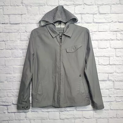 Volcom Jacket Mens Medium Bashi Gray Hooded Full Zip Snap Pockets Outerwear • $16.98