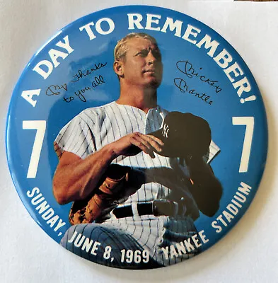 Mickey Mantle A Day To Remember (1969) 4  Vintage Baseball Pin-Back Button • $17.99